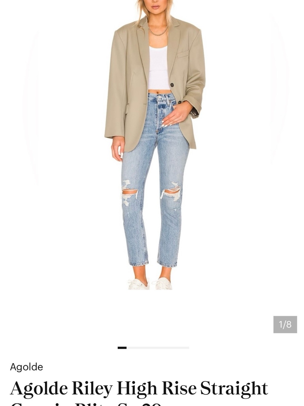 Agolde High-Rise Straight Jeans in Light Wash Blue with Distressed Knees
